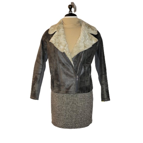 River Island Women's Faux Suede and Fleece Bomber Jacket, Blk/Beige, Size 10 - Picture 2 of 11